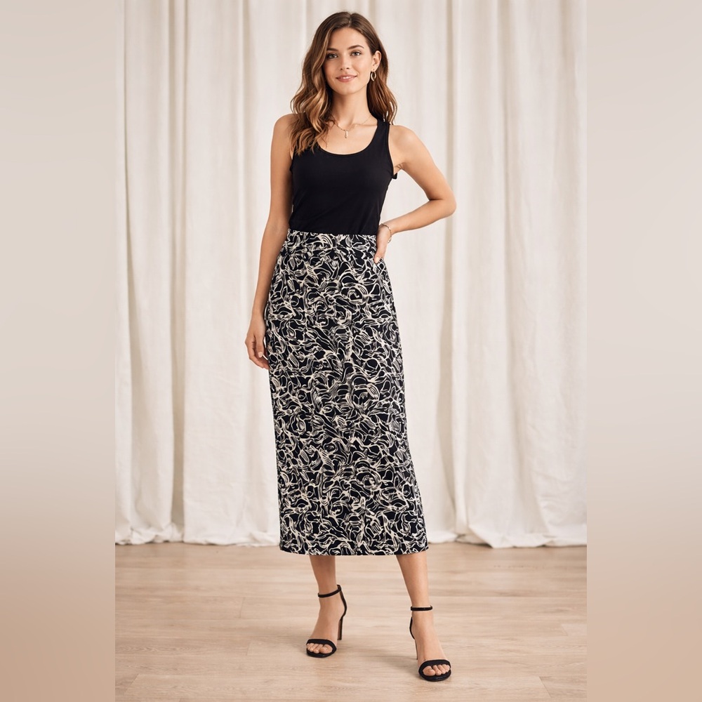 Bar III Black White Abstract Print Midi Skirt Size M Stretch Pull On Lined